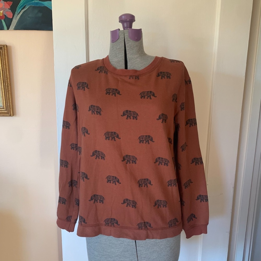Mad Design Elephant Print Sweatshirt Rust Brown Cotton Blend Pullover Small